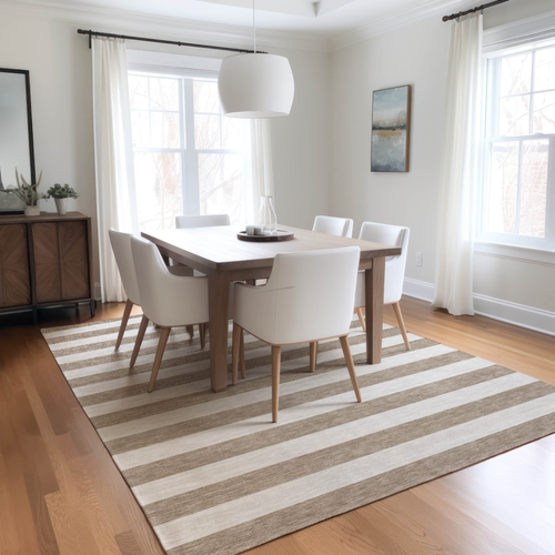 9' X 12' Taupe and White Striped Washable Indoor Outdoor Area Rug