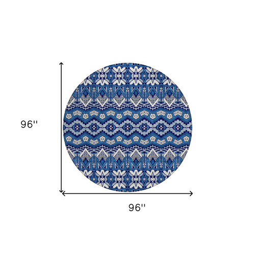 8' Navy Blue And Ivory Round Moroccan Washable Indoor Outdoor Area Rug