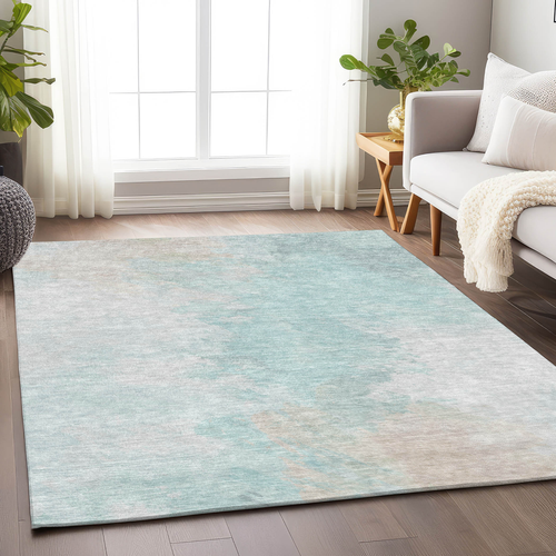 8' X 10' Pale Aqua Beige And Ivory Abstract Washable Indoor Outdoor Area Rug