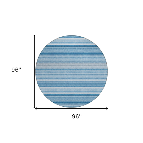 8' Round Blue Round Striped Washable Non Skid Indoor Outdoor Area Rug