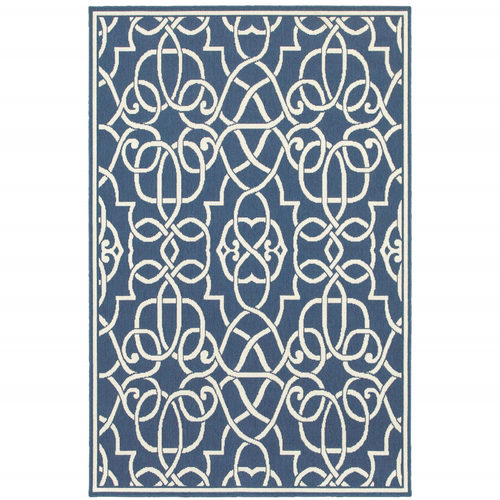 8' X 11' Blue and Ivory Geometric Stain Resistant Indoor Outdoor Area Rug