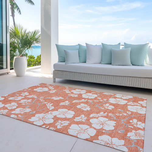 10' X 14' Coral Ivory And Gray Floral Washable Indoor Outdoor Area Rug