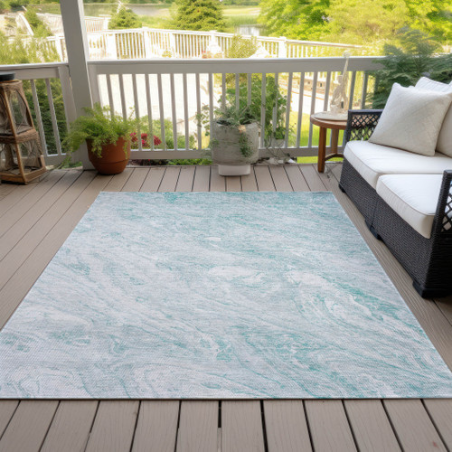 9' X 12' Aquamarine Aqua And Ivory Abstract Washable Indoor Outdoor Area Rug