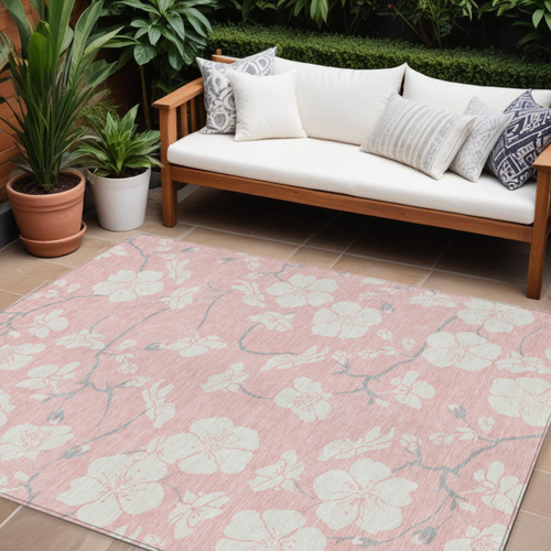 10' X 14' Pink Ivory And Gray Floral Washable Indoor Outdoor Area Rug