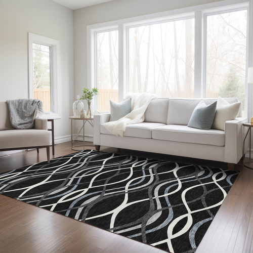 10' X 14' Black Gray And Ivory Abstract Washable Indoor Outdoor Area Rug