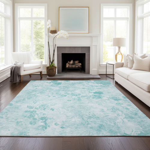 9' X 12' Aqua Teal Blue And Ivory Floral Washable Indoor Outdoor Area Rug