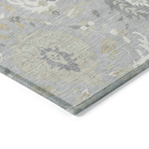 10' X 14' Gray Ivory And Gold Damask Washable Indoor Outdoor Area Rug