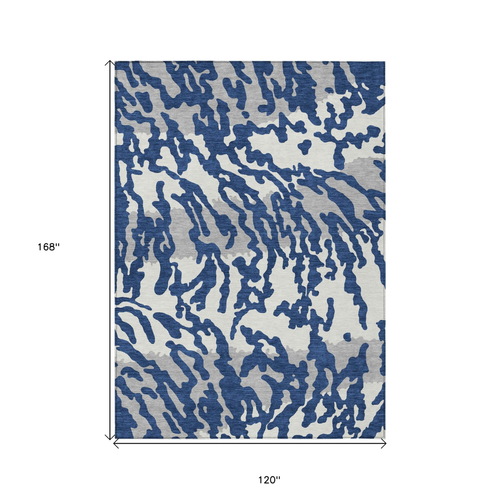 10' X 14' Navy Blue Gray And Ivory Animal Print Washable Indoor Outdoor Area Rug