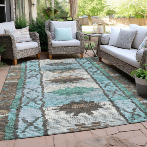8' X 10' Brown And Teal Blue Tribal Washable Indoor Outdoor Area Rug
