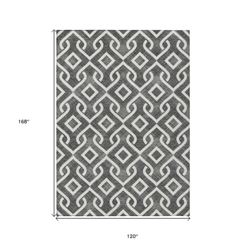 10' X 14' Black And Ivory Geometric Washable Indoor Outdoor Area Rug