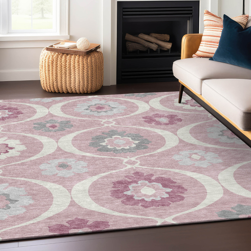 9' X 12' Pink Blush And Gray Medallion Washable Indoor Outdoor Area Rug