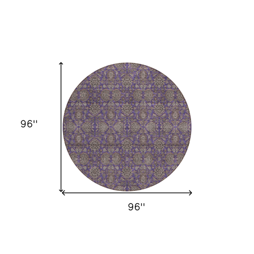 8' Purple Beige And Taupe Round Floral Washable Indoor Outdoor Area Rug