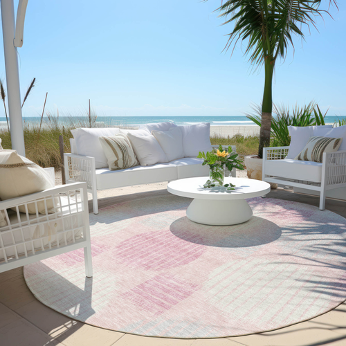 8' Pink Gray And Ivory Round Geometric Washable Indoor Outdoor Area Rug