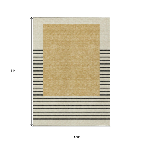 9' X 12' Gold Black And Beige Striped Washable Indoor Outdoor Area Rug