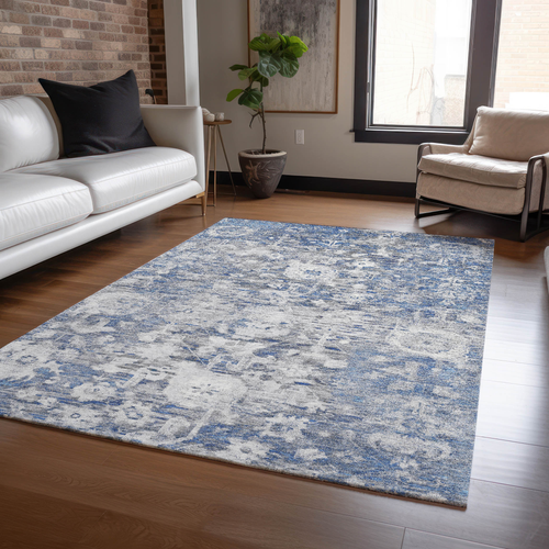 9' X 12' Blue And Denim Blue Floral Washable Indoor Outdoor Area Rug