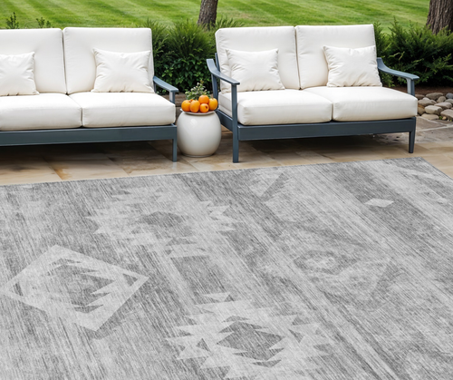 9' X 12' Silver Gray And Charcoal Southwestern Washable Indoor Outdoor Area Rug