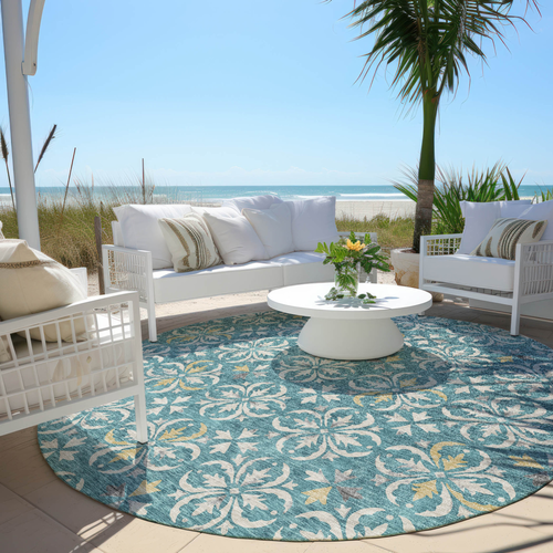 8' Teal Blue Gray And Gold Round Floral Washable Indoor Outdoor Area Rug