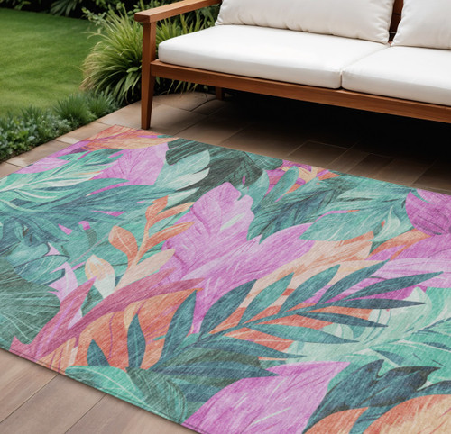 10' X 14' Teal Blue And Aqua Floral Washable Indoor Outdoor Area Rug