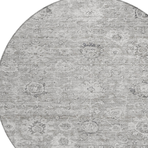 8' Gray And Silver Round Damask Washable Indoor Outdoor Area Rug