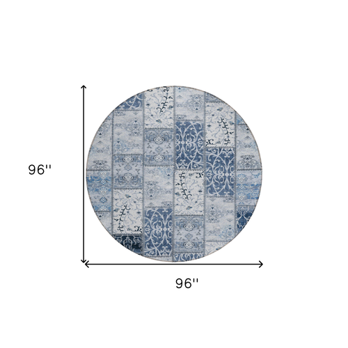 8' Round Denim Blue Round Patchwork Washable Non Skid Indoor Outdoor Area Rug