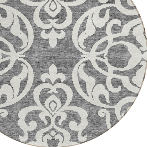 8' Gray And Ivory Round Damask Washable Indoor Outdoor Area Rug