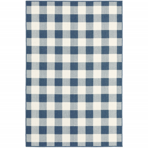 4' X 6' Blue and Ivory Geometric Stain Resistant Indoor Outdoor Area Rug