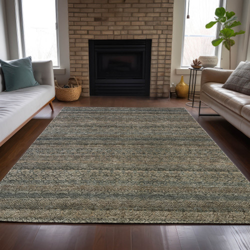 10' X 14' Chocolate And Gray Striped Washable Indoor Outdoor Area Rug - Chocolate, Gray