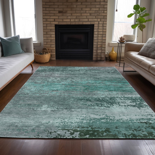 8' X 10' Teal Blue Gray And Pale Aqua Abstract Washable Indoor Outdoor Area Rug