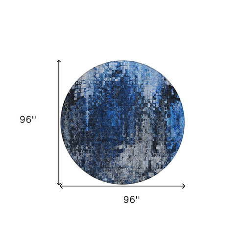 8' Blue Navy Blue And Denim Blue Round Abstract Washable Indoor Outdoor Area Rug