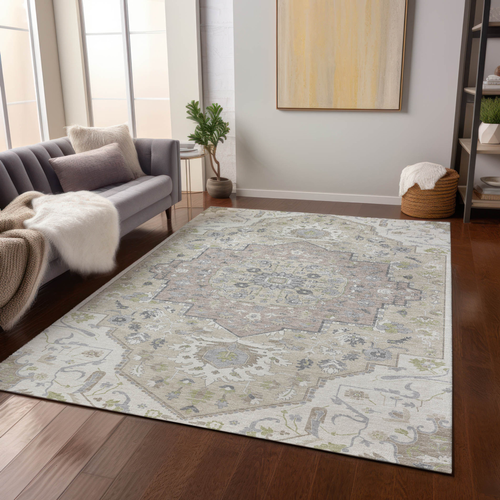 9' X 12' Ivory Beige And Gray Oriental Washable Indoor Outdoor Area Rug
