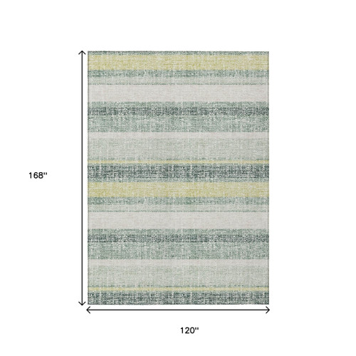10' X 14' Pale Aqua And Lime Green Striped Washable Indoor Outdoor Area Rug