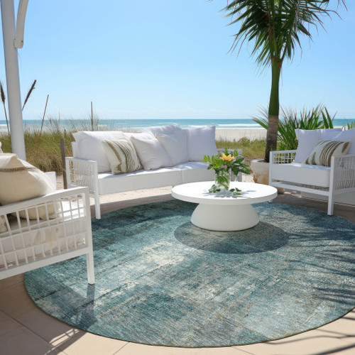 8' Teal Blue And Ivory Round Abstract Washable Indoor Outdoor Area Rug - Teal Blue, Ivory