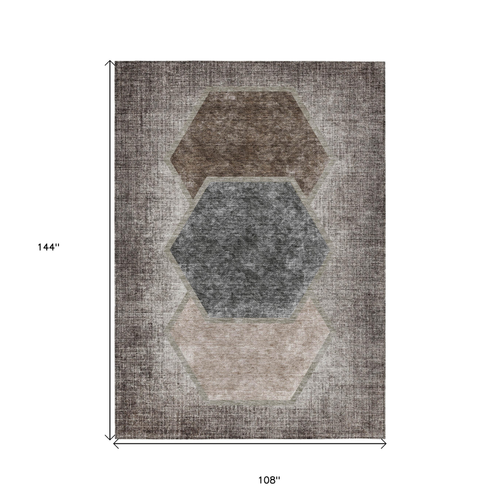 9' X 12' Chocolate And Taupe Geometric Washable Indoor Outdoor Area Rug