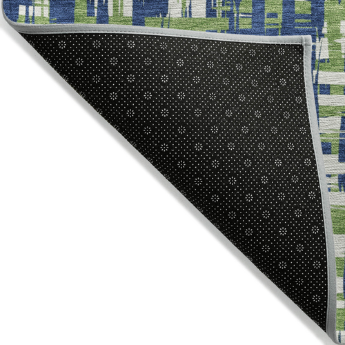 8' Navy Blue Green And Ivory Round Abstract Washable Indoor Outdoor Area Rug