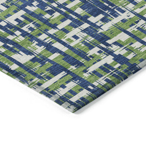 8' Navy Blue Green And Ivory Round Abstract Washable Indoor Outdoor Area Rug