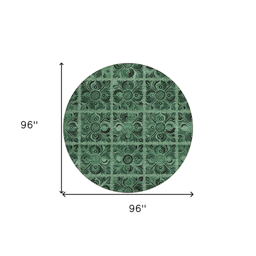 8' Fern Green And Charcoal Round Medallion Washable Indoor Outdoor Area Rug