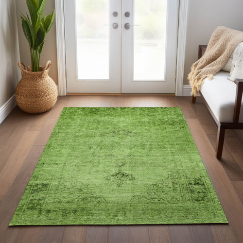 10' X 14' Green And Olive Green Oriental Washable Indoor Outdoor Area Rug