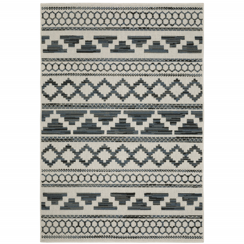 8' X 10' Blue and Beige Geometric Stain Resistant Indoor Outdoor Area Rug