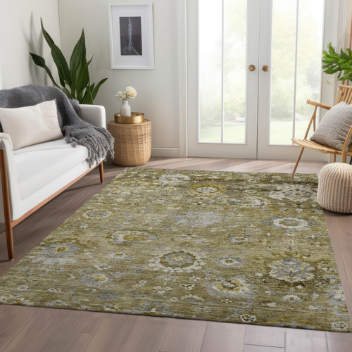 10' X 14' Brown Green And Gray Floral Washable Indoor Outdoor Area Rug
