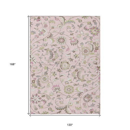 10' X 14' Pink Green And Gray Floral Washable Indoor Outdoor Area Rug