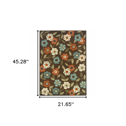 2' X 4' Brown and Ivory Floral Stain Resistant Indoor Outdoor Area Rug