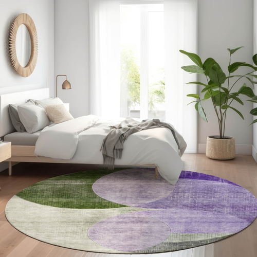 8' Lavender Purple And Green Round Geometric Washable Indoor Outdoor Area Rug