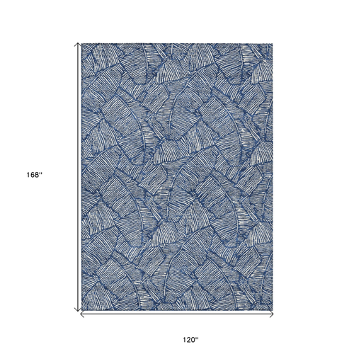 10' X 14' Navy Blue And Ivory Floral Washable Indoor Outdoor Area Rug
