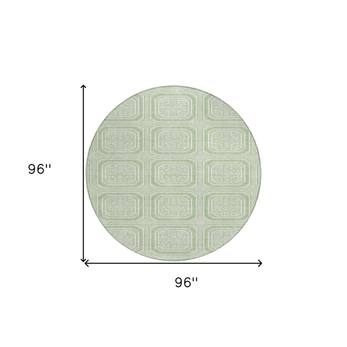 8' Mint Green And Ivory Round Geometric Washable Indoor Outdoor Area Rug