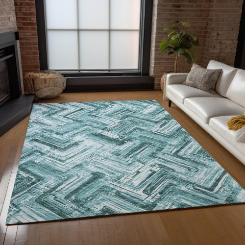 8' X 10' Teal Blue Aqua And Ivory Geometric Washable Indoor Outdoor Area Rug - Teal Blue, Aqua, Ivory