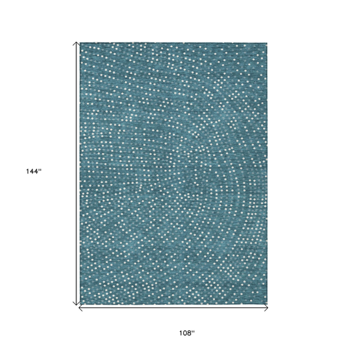 9' X 12' Teal Blue Gray And Ivory Polka Dot Washable Indoor Outdoor Area Rug