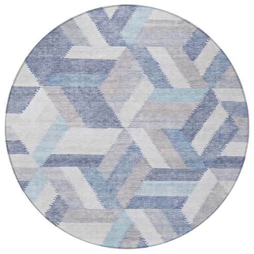 8' Denim Blue Round Geometric Washable Indoor Outdoor Area Rug