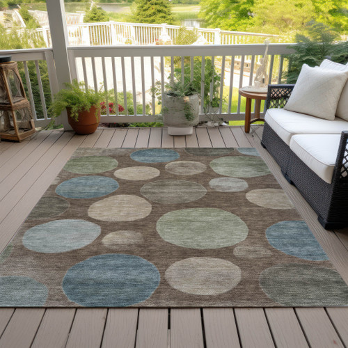 10' X 14' Chocolate Fern Green And Teal Blue Geometric Washable Indoor Outdoor Area Rug