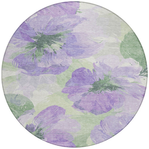 8' Lavender And Artichoke Green Round Floral Washable Indoor Outdoor Area Rug