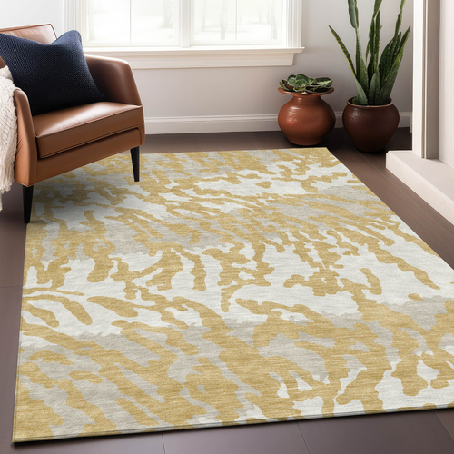 9' X 12' Gold Gray And Ivory Animal Print Washable Indoor Outdoor Area Rug